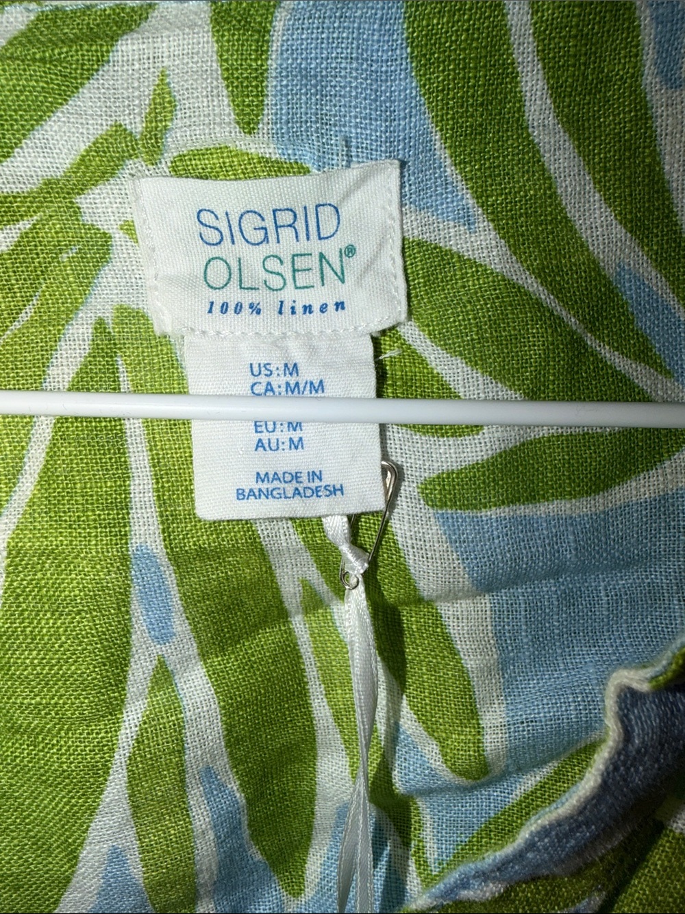 Blue and Green Palm-Print 100% Linen Button-Front Shirt - Picture 2 of 8